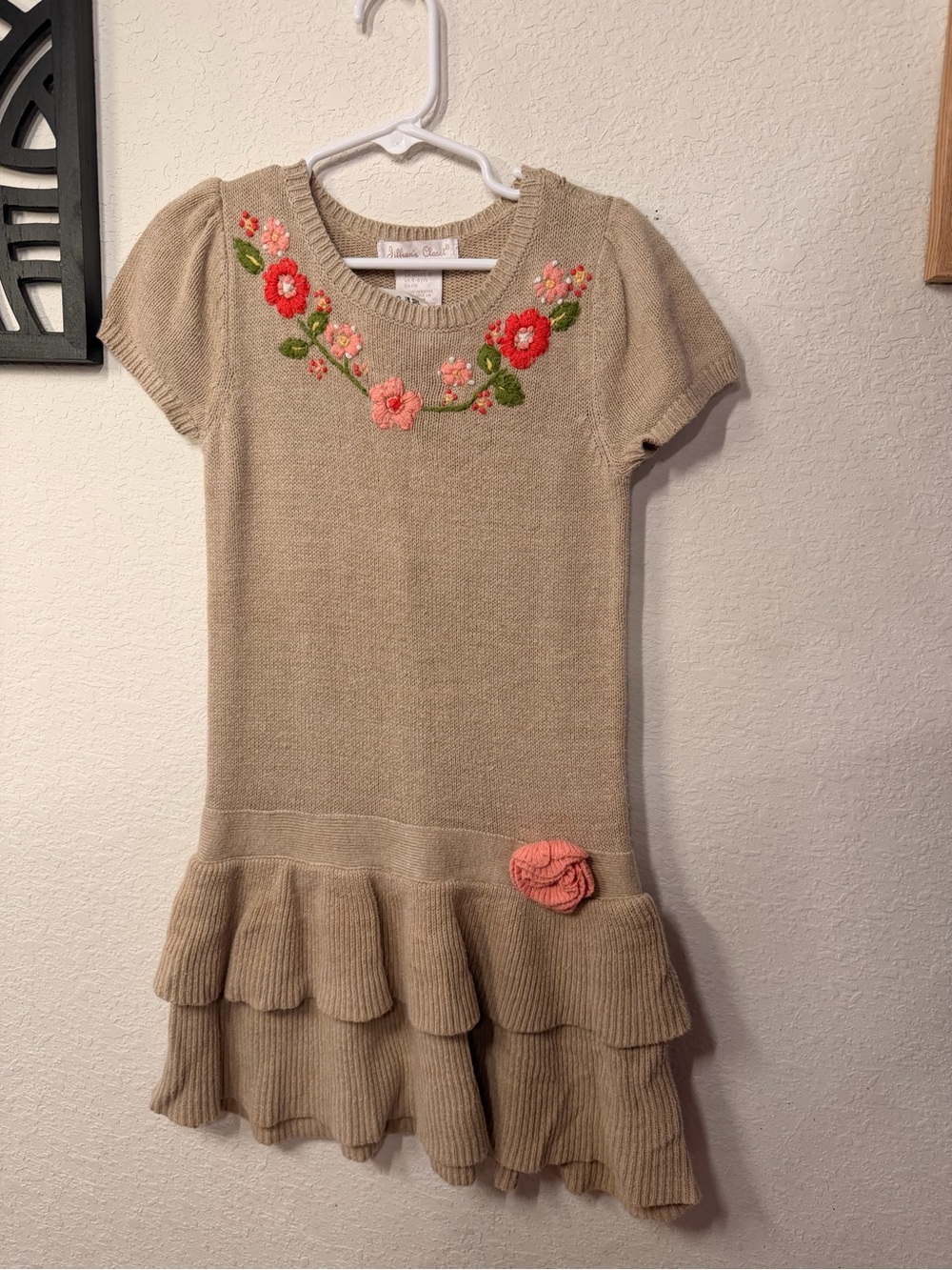 Girls Beige Knit Dress with Coral Floral Embroidery